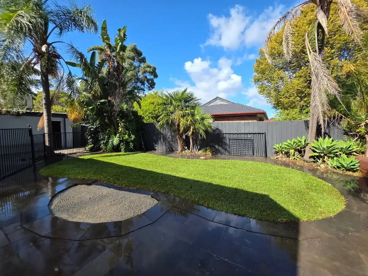 After: concrete pool removed and the backyard laid with new lawn